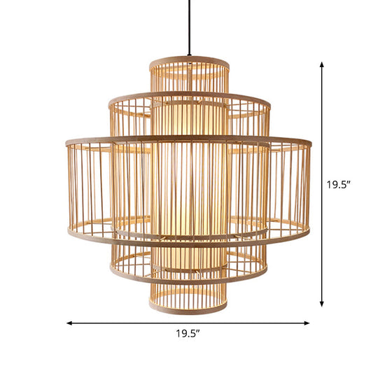 Single-Head Asian Bamboo Hanging Light for Restaurants - 3 Shades, 16-31.5 Inches Wide, Beige