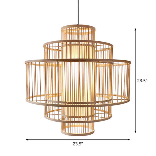 Single-Head Asian Bamboo Hanging Light for Restaurants - 3 Shades, 16-31.5 Inches Wide, Beige