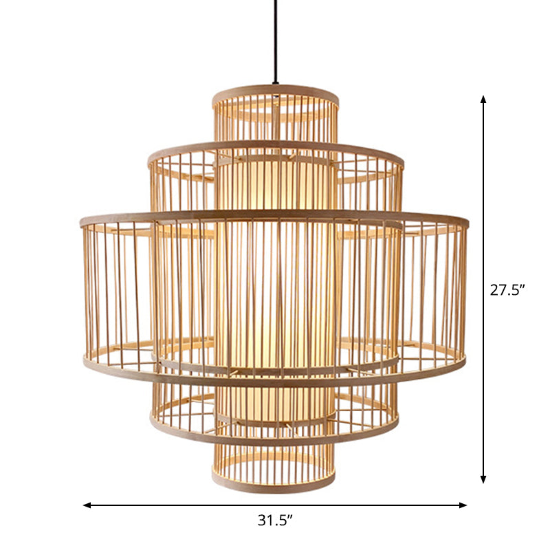 Single-Head Asian Bamboo Hanging Light for Restaurants - 3 Shades, 16-31.5 Inches Wide, Beige