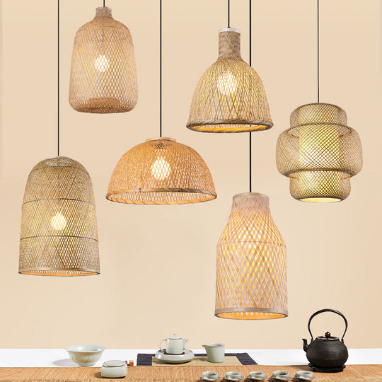 Asia Bamboo Pendant Lamp - 1-Light Beige Suspended Fixture for Dining Room