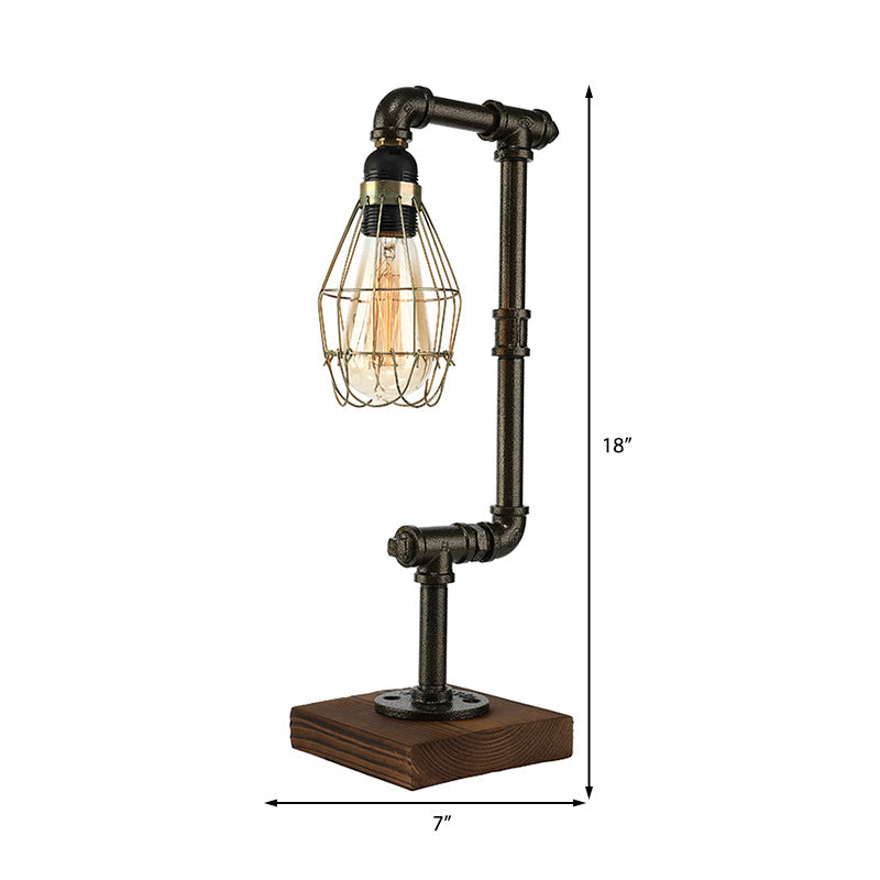 Industrial Wire Cage Table Lamp With Pipe Design - 1 Light Metal And Wood In Black