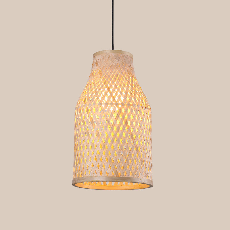 Bamboo Pendant Lamp - 1-Light Beige Suspension Fixture For Dining Room