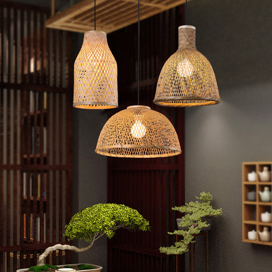 Asia Bamboo Pendant Lamp - 1-Light Beige Suspended Fixture for Dining Room