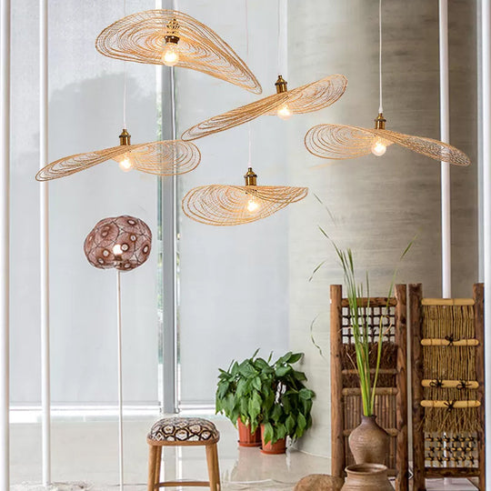 Chinese Style Lotus Leaf Pendant Light with Bamboo Shade - 1/3/6-Light - Beige - 14"/16.5"/19.5" Wide