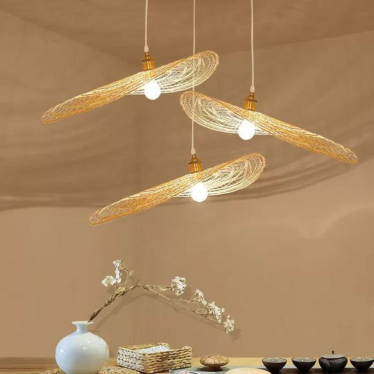 Chinese Style Lotus Leaf Pendant Light with Bamboo Shade - 1/3/6-Light - Beige - 14"/16.5"/19.5" Wide