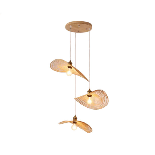 Chinese Style Lotus Leaf Pendant Light with Bamboo Shade - 1/3/6-Light - Beige - 14"/16.5"/19.5" Wide