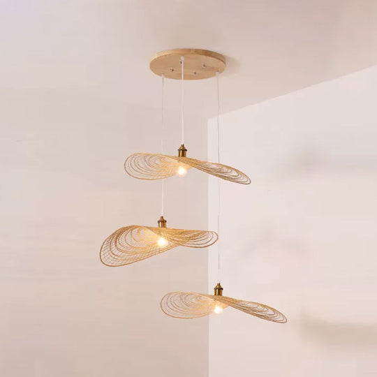 Chinese Style Lotus Leaf Pendant Light with Bamboo Shade - 1/3/6-Light - Beige - 14"/16.5"/19.5" Wide