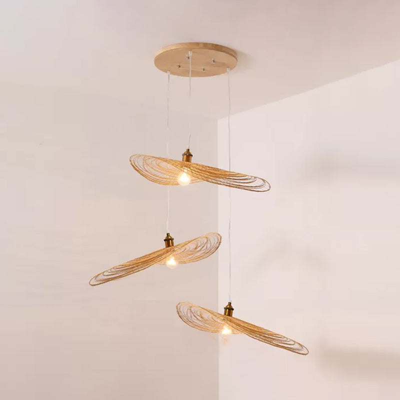 Chinese Style Lotus Leaf Pendant Light with Bamboo Shade - 1/3/6-Light - Beige - 14"/16.5"/19.5" Wide