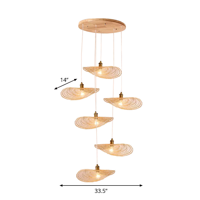 Chinese Style Lotus Leaf Pendant Light with Bamboo Shade - 1/3/6-Light - Beige - 14"/16.5"/19.5" Wide