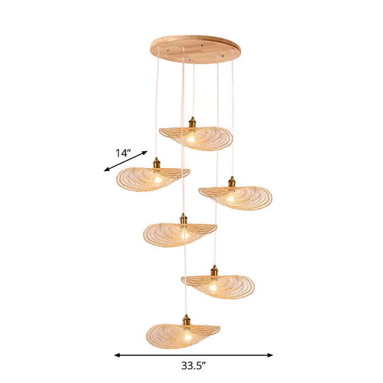 Chinese Style Lotus Leaf Pendant Light with Bamboo Shade - 1/3/6-Light - Beige - 14"/16.5"/19.5" Wide