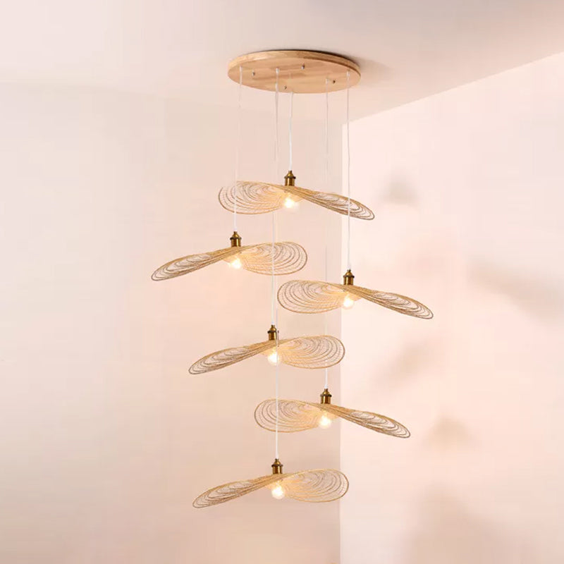 Chinese Style Lotus Leaf Pendant Light with Bamboo Shade - 1/3/6-Light - Beige - 14"/16.5"/19.5" Wide