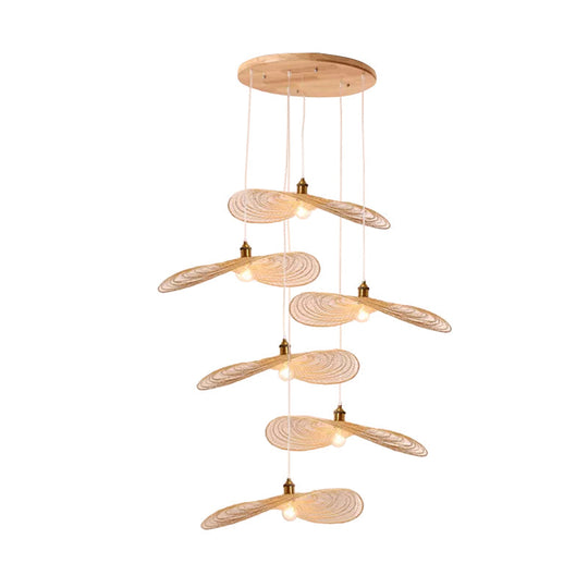 Chinese Style Lotus Leaf Pendant Light with Bamboo Shade - 1/3/6-Light - Beige - 14"/16.5"/19.5" Wide