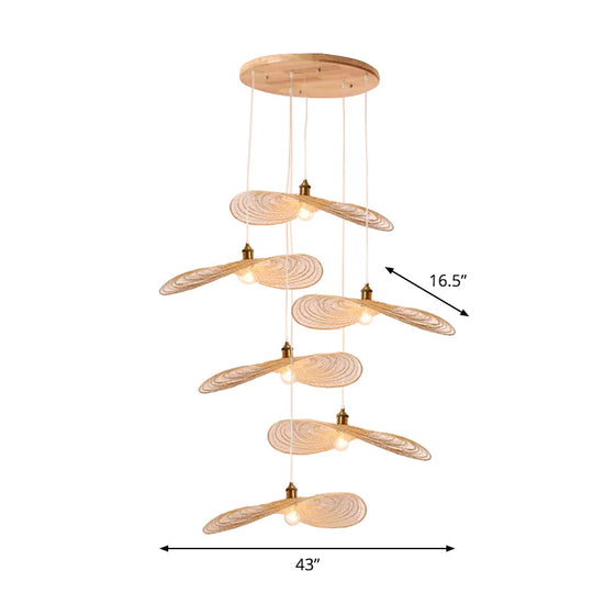 Chinese Style Lotus Leaf Pendant Light with Bamboo Shade - 1/3/6-Light - Beige - 14"/16.5"/19.5" Wide