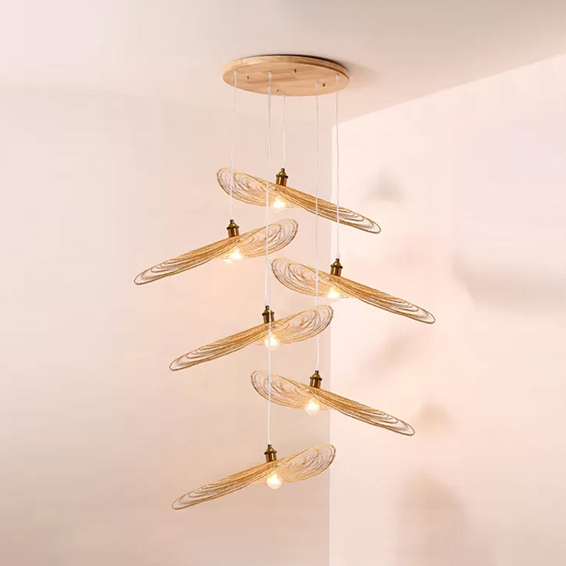 Chinese Style Lotus Leaf Pendant Light with Bamboo Shade - 1/3/6-Light - Beige - 14"/16.5"/19.5" Wide