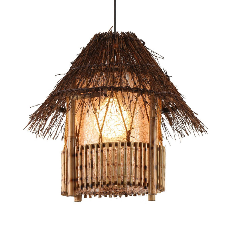 Rustic House Shaped Pendant Lighting: Bamboo Tearoom Ceiling Light in Brown