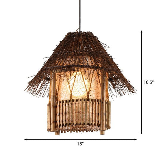 Rustic Bamboo House Pendant Light Tearoom Ceiling Fixture In Brown