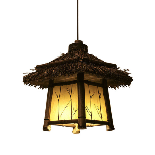 Rustic House Shaped Pendant Lighting: Bamboo Tearoom Ceiling Light in Brown