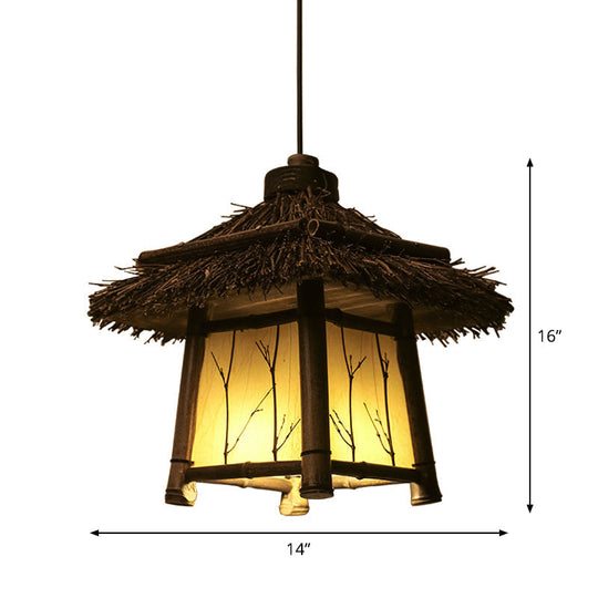 Rustic Bamboo House Pendant Light Tearoom Ceiling Fixture In Brown