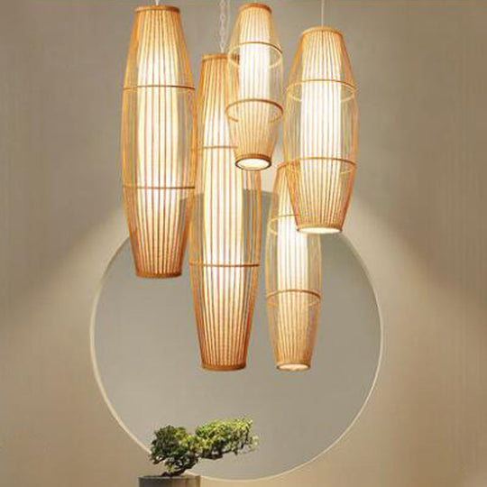 Asian Bamboo Elliptical Pendant Light - Beige Ceiling Lamp With 1 Bulb For Living Room