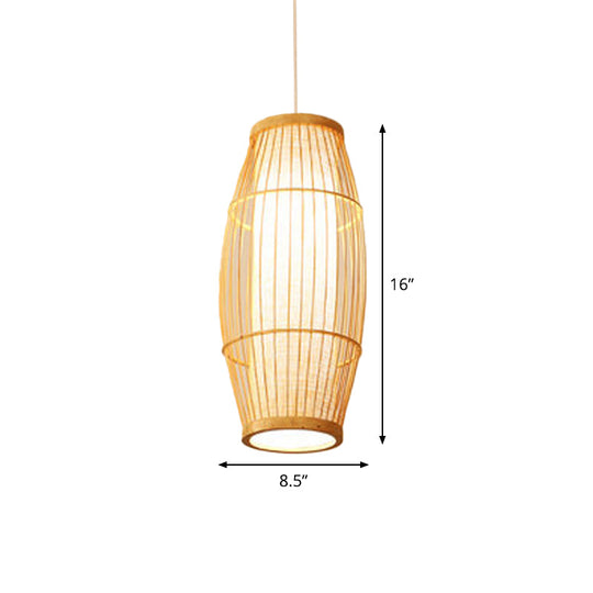 Asian Bamboo Hanging Pendant Light - Elliptical Design, Beige, 1 Bulb - Perfect for Living Room, Small/Medium/Large Ceiling