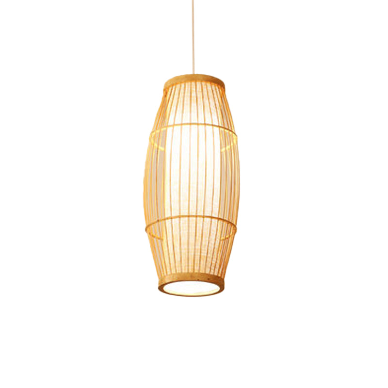 Asian Bamboo Elliptical Pendant Light - Beige Ceiling Lamp With 1 Bulb For Living Room