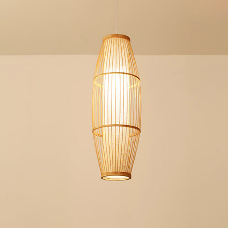 Asian Bamboo Hanging Pendant Light - Elliptical Design, Beige, 1 Bulb - Perfect for Living Room, Small/Medium/Large Ceiling