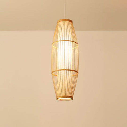 Asian Bamboo Hanging Pendant Light - Elliptical Design, Beige, 1 Bulb - Perfect for Living Room, Small/Medium/Large Ceiling