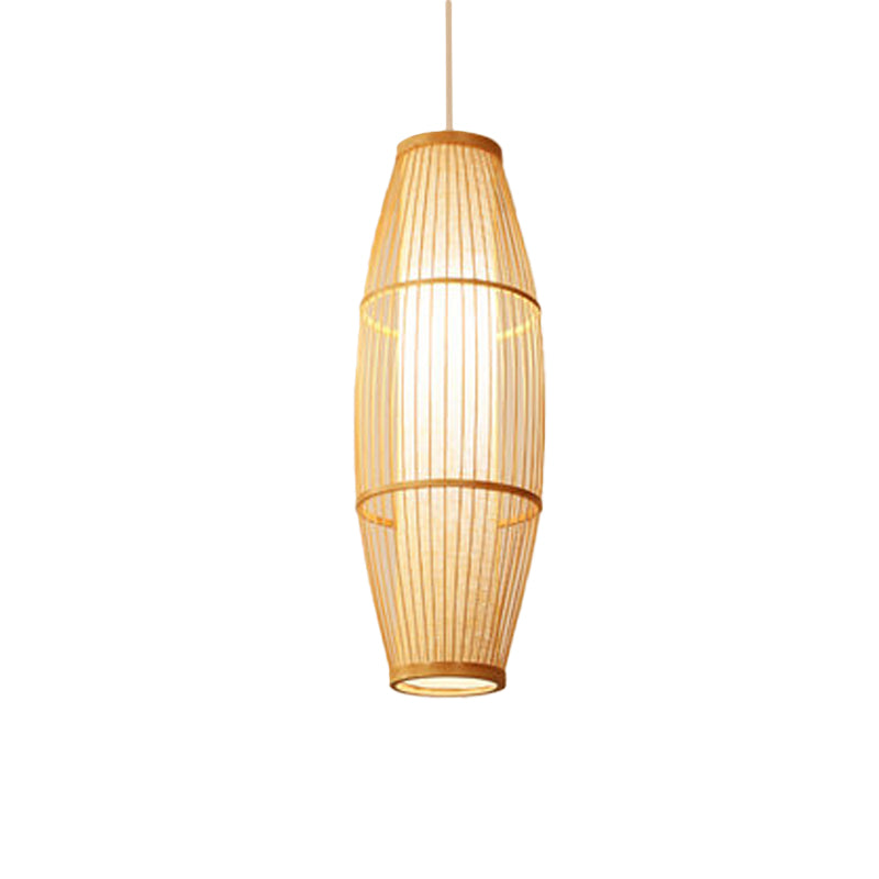 Asian Bamboo Hanging Pendant Light - Elliptical Design, Beige, 1 Bulb - Perfect for Living Room, Small/Medium/Large Ceiling