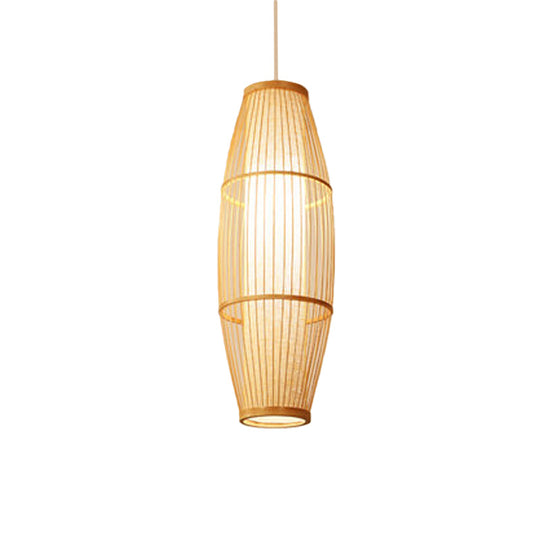 Asian Bamboo Elliptical Pendant Light - Beige Ceiling Lamp With 1 Bulb For Living Room