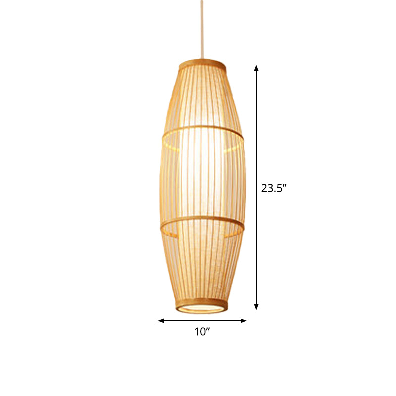 Asian Bamboo Hanging Pendant Light - Elliptical Design, Beige, 1 Bulb - Perfect for Living Room, Small/Medium/Large Ceiling