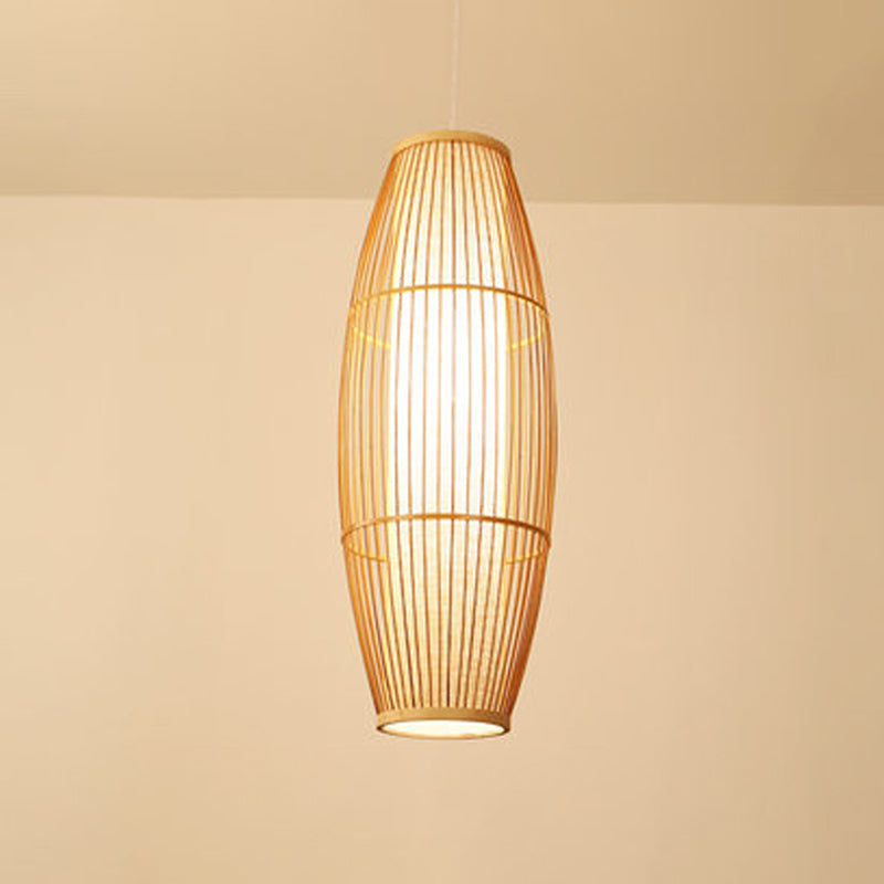 Asian Bamboo Hanging Pendant Light - Elliptical Design, Beige, 1 Bulb - Perfect for Living Room, Small/Medium/Large Ceiling