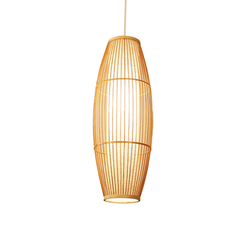 Asian Bamboo Hanging Pendant Light - Elliptical Design, Beige, 1 Bulb - Perfect for Living Room, Small/Medium/Large Ceiling