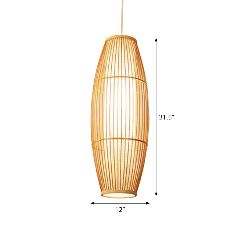 Asian Bamboo Hanging Pendant Light - Elliptical Design, Beige, 1 Bulb - Perfect for Living Room, Small/Medium/Large Ceiling