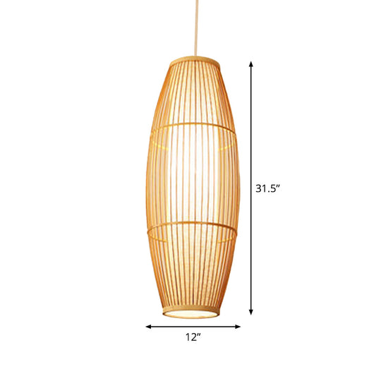 Asian Bamboo Hanging Pendant Light - Elliptical Design, Beige, 1 Bulb - Perfect for Living Room, Small/Medium/Large Ceiling