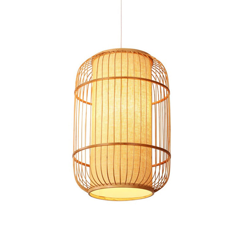 Asian Bamboo Hanging Pendant Light - Elliptical Design, Beige, 1 Bulb - Perfect for Living Room, Small/Medium/Large Ceiling