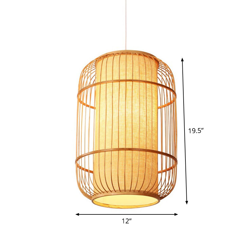 Asian Bamboo Hanging Pendant Light - Elliptical Design, Beige, 1 Bulb - Perfect for Living Room, Small/Medium/Large Ceiling