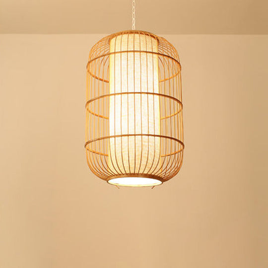 Asian Bamboo Hanging Pendant Light - Elliptical Design, Beige, 1 Bulb - Perfect for Living Room, Small/Medium/Large Ceiling