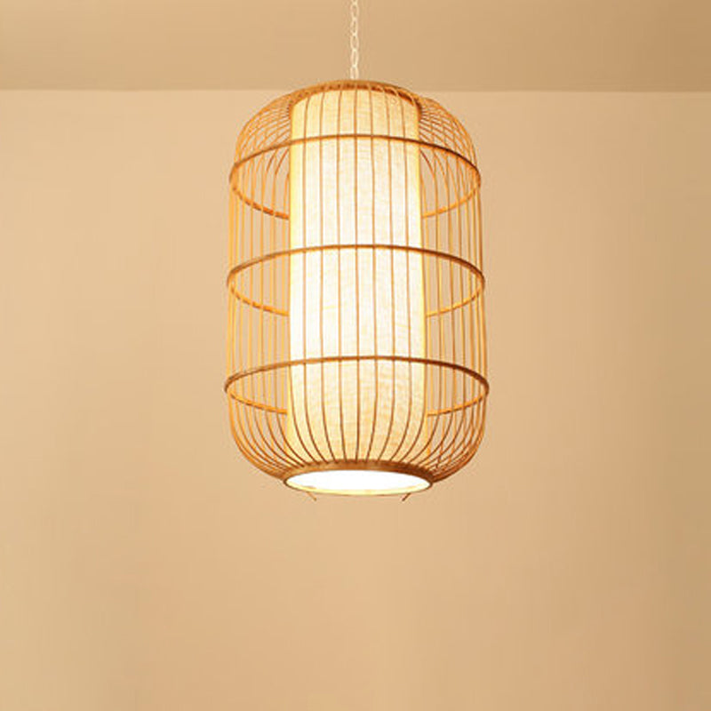 Asian Bamboo Elliptical Pendant Light - Beige Ceiling Lamp With 1 Bulb For Living Room