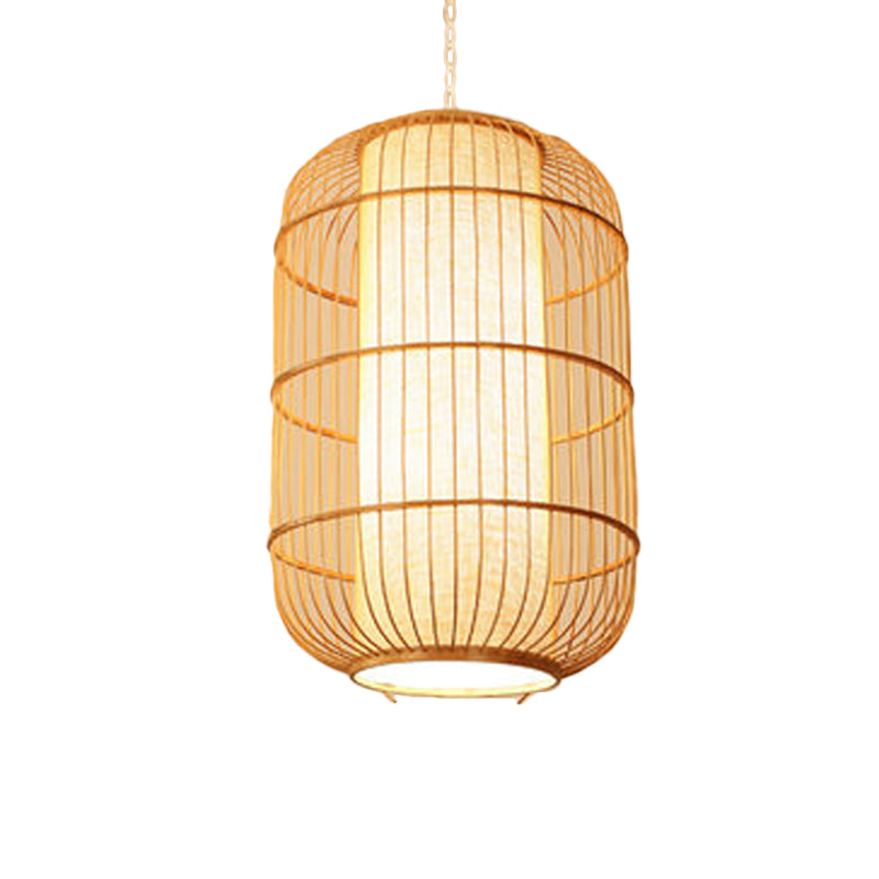 Asian Bamboo Hanging Pendant Light - Elliptical Design, Beige, 1 Bulb - Perfect for Living Room, Small/Medium/Large Ceiling