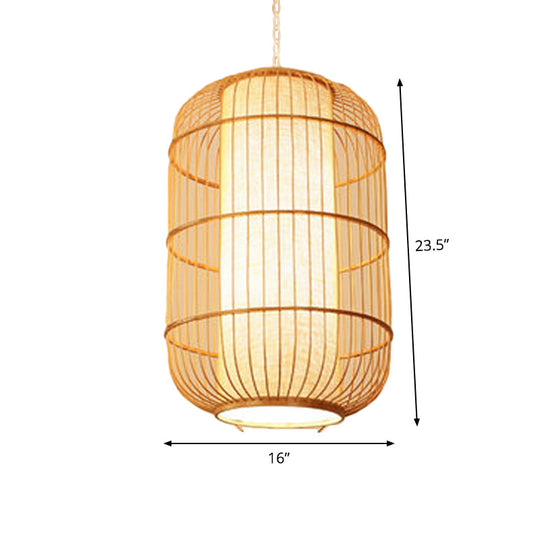 Asian Bamboo Elliptical Pendant Light - Beige Ceiling Lamp With 1 Bulb For Living Room