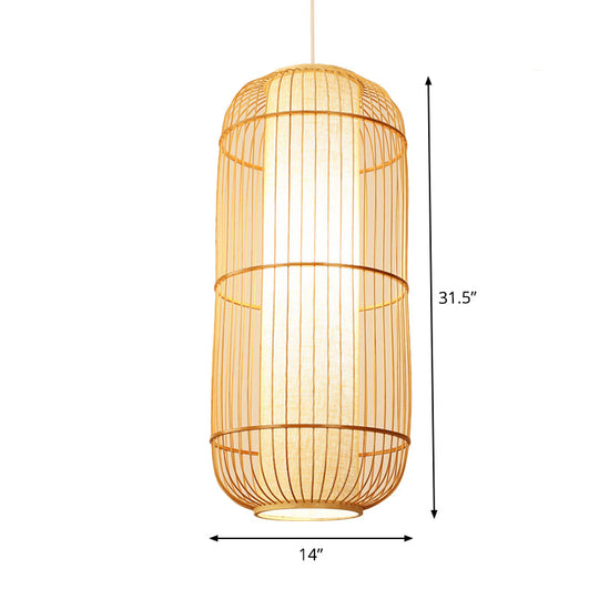 Asian Bamboo Hanging Pendant Light - Elliptical Design, Beige, 1 Bulb - Perfect for Living Room, Small/Medium/Large Ceiling