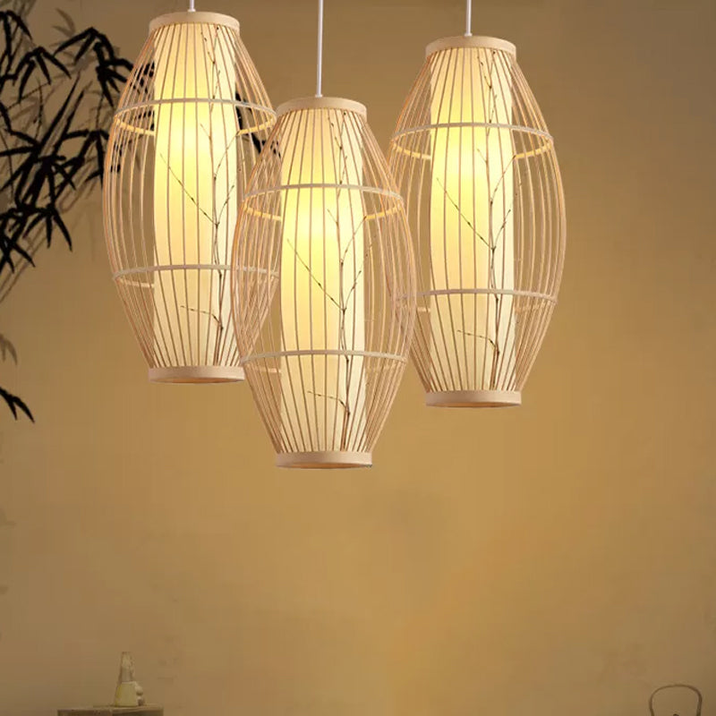 Beige Asian Pendant Light Fixture with Bamboo Shade - 14"/19.5"/31.5" Wide