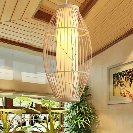 Bamboo Shade Asian Pendant Light Fixture - Beige Oval Ceiling Lamp 3 Sizes Available