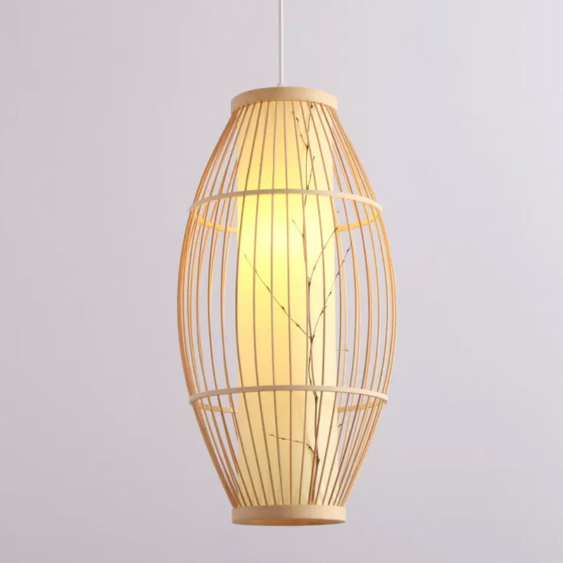 Bamboo Shade Asian Pendant Light Fixture - Beige Oval Ceiling Lamp 3 Sizes Available