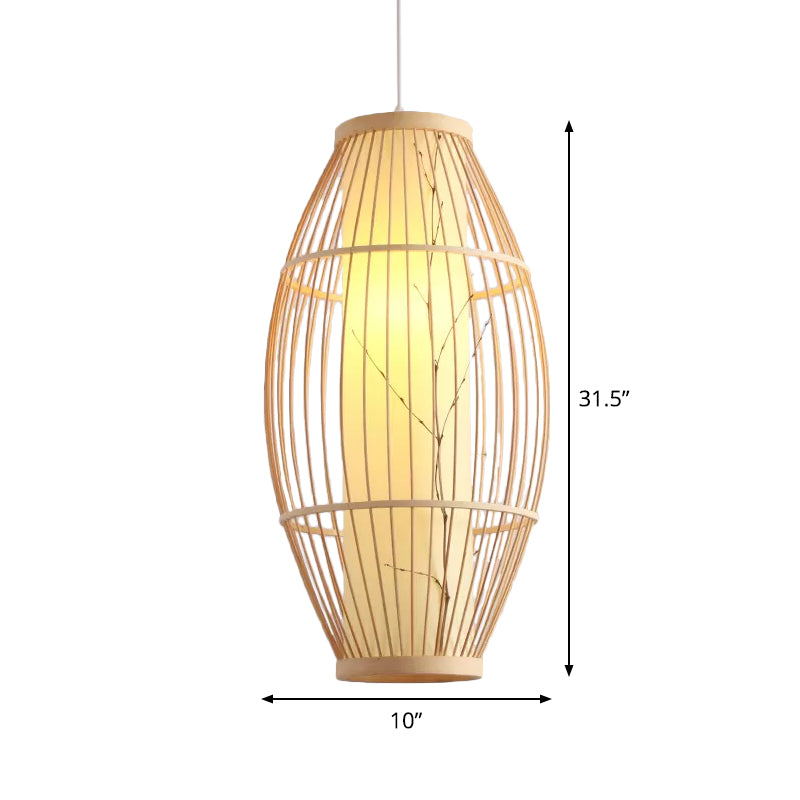 Beige Asian Pendant Light Fixture with Bamboo Shade - 14"/19.5"/31.5" Wide