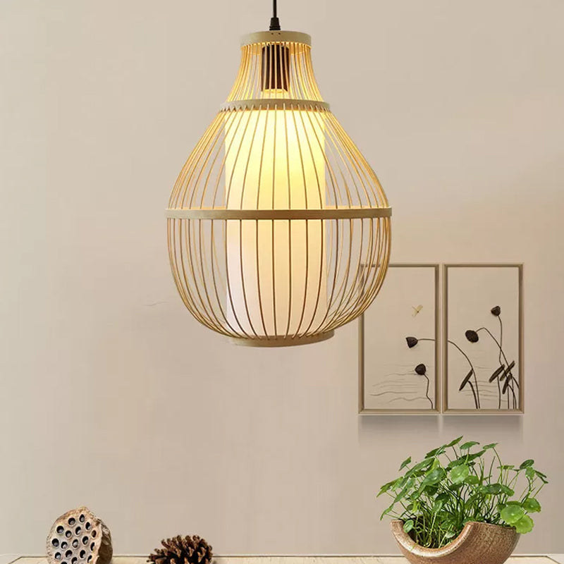 Bamboo Teardrop Pendant Light: Contemporary 1-Head Beige Ceiling Fixture For Dining Room