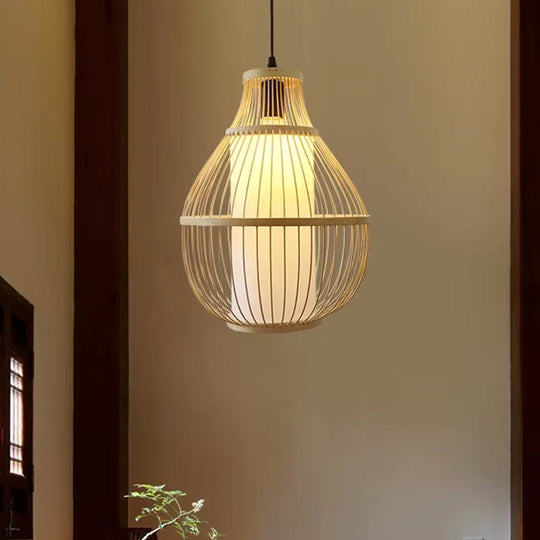 Contemporary Teardrop Bamboo Pendant Light for Dining Room - 1-Head Beige Ceiling Hang