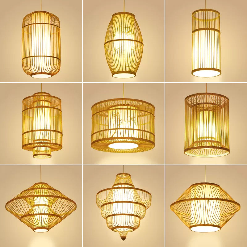 Asian Bamboo Pendant Hanging Light Kit - Diamond/Drum/Barrel Drop Design 1-Light Beige