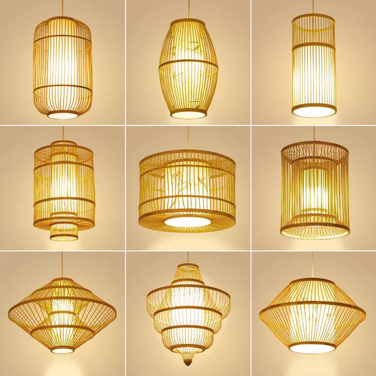 Asian Bamboo Pendant Hanging Light Kit - Diamond/Drum/Barrel Drop Design 1-Light Beige