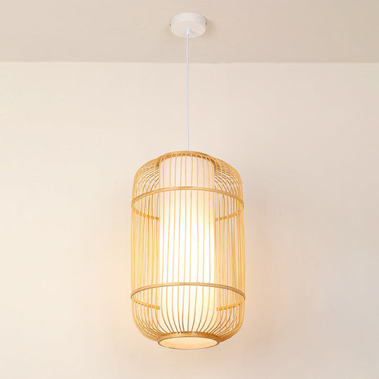 Asian Bamboo Pendant Hanging Light Kit - Diamond/Drum/Barrel Drop Design 1-Light Beige / C